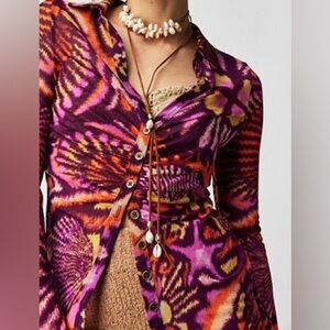 NWT: Free People Sheer Vibrant Button-Up Long Sleeve Top